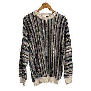 Florence Tricot Mens Sweater Large Beige Blue 3D Textured Crewneck Grandpa 90s